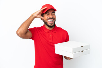 pizza delivery man picking up pizza boxes isolated on white background smiling a lot