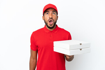 pizza delivery man picking up pizza boxes isolated on white background looking up and with...