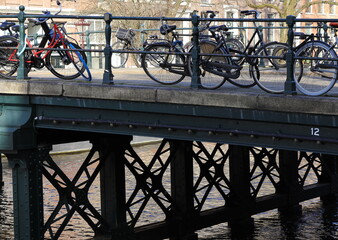 Amsterdam Corgsenbrug Bridge Detail with Parked Bicycles, Netherlands