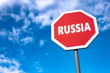 Traffic sign with RUSSIA text as a protest again Russian aggression to Ukraine and invasion