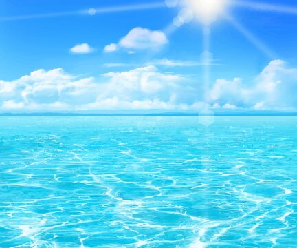 夏の太陽の光差し込む爽やかな雲のある青い空と海のゆらめく波の美しいフレームイラスト素材
