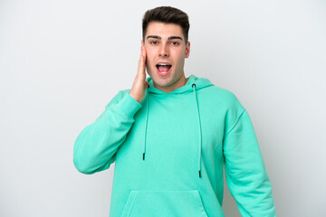 Young caucasian man isolated on white background with surprise and shocked facial expression