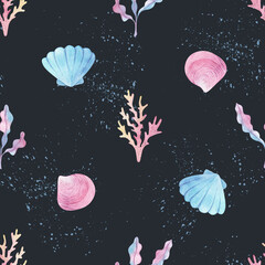 Watercolor sea seamless pattern of starfish, seashells, conch on dark background. underwater world hand drawing, summer clipart. Postcards, packaging, fabric, design, textile.