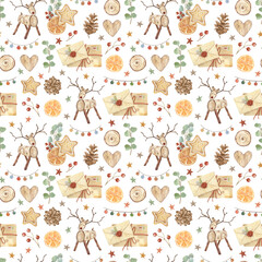 Watercolor Christmas seamless pattern collection.Scandinavian background on white.Hand made holiday illustrations print. For design, cards, linens, wallpaper, posters, fabric, textile, wrapping paper.