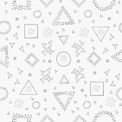 Seamless pattern in the style of doodles with the shapes of circles, squares, triangles, dots. Geometric vector pattern doodle black on white background