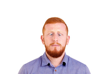 Red-haired man with funny comical beard crosses his eyes, grimaces, isolated on white background....