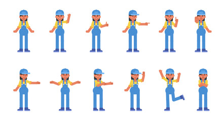 Fototapeta na wymiar Set of woman auto mechanic, worker or courier characters showing various hand gestures. Modern vector illustration