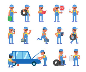 Set of car repairman characters in various situations. Auto mechanic repairing car, changing tires, talking on phone and other actions. Modern vector illustration