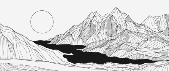 Abstract mountain line art background. Minimalist landscape on white wallpaper with hills, sun, moon and river in hand drawn pattern. Design for cover, banner, print, wall art, decoration.