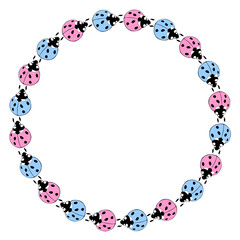 Vector round frame, border from cute blue pink ladybugs in doodle flat style. Simple background, decoration for spring, summer, natural, kids design