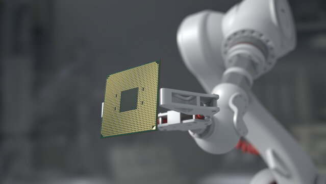 The robot holds a productive processor for a personal computer. Blurry gray background. The concept of future technologies . semiconductors.