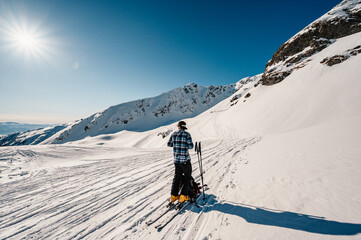 Ziarska dolina, slovakia, 10.2.2022. Mountaineer backcountry ski walking ski alpinist in the mountains. Ski touring in alpine landscape with snowy trees. Adventure winter sport. © Zedspider