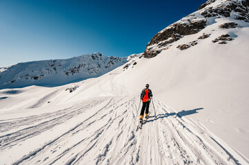 Ziarska dolina, slovakia, 10.2.2022. Mountaineer backcountry ski walking ski alpinist in the mountains. Ski touring in alpine landscape with snowy trees. Adventure winter sport. © Zedspider