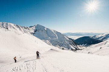 Ziarska dolina, slovakia, 10.2.2022. Mountaineer backcountry ski walking ski alpinist in the mountains. Ski touring in alpine landscape with snowy trees. Adventure winter sport. © Zedspider