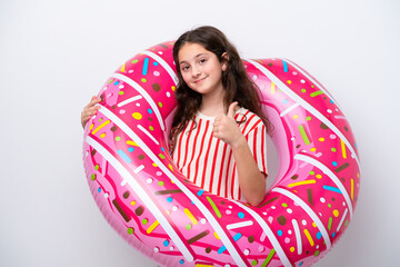 Little caucasian woman holding an air mattress isolated on white background with thumbs up because...