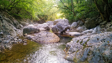 Naklejka na ściany i meble A wild mountain stream flows along a stone bed.