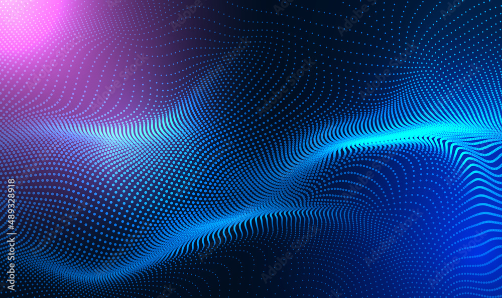 Poster abstract waving particle technology background design. abstract wave moving dots flow particles, hi-