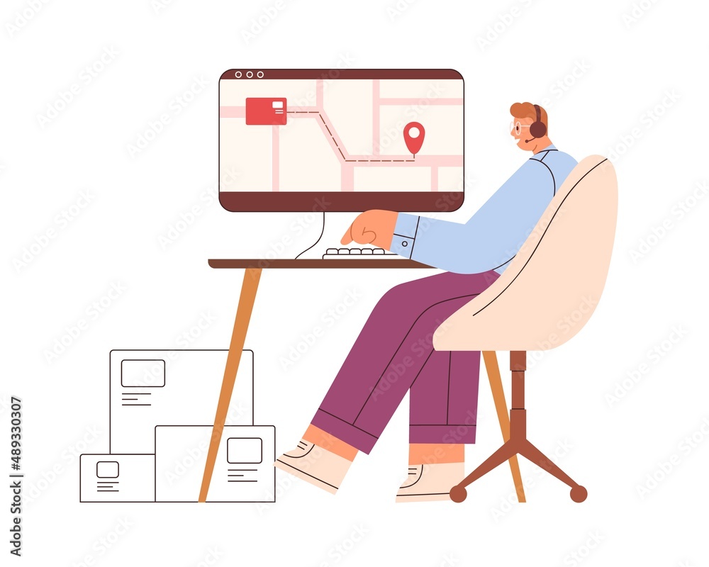 Aufkleber manager controlling shipping, logistics in delivery service office. supervisor checking route, track