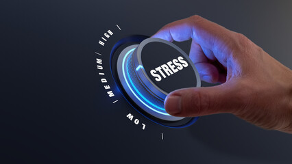 Reduce stress with hand turning knob to lower levels. Burnout, exhaustion, overload, pressure at the workplace and management concept. Relieve tension. - obrazy, fototapety, plakaty