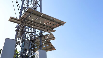 Solar panels in telecommunication base stations. Multiple photovoltaic cells for telecommunication...