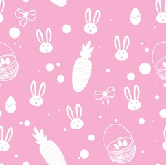 Easter pattern in pink color with bunnies, circles, carrot, basket