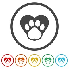 Animal love symbol paw print with heart ring icon, color set