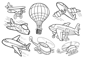 set of different airplanes - colouring page for children and adults	
