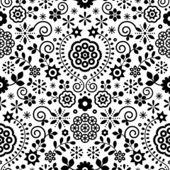 Polish folk art retro vector seamless pattern with flowers inspired by folk art embroidery Lachy Sadeckie - black and white textile or fabric print design
	