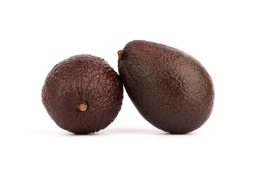 Two haas avocados isolated on white background.