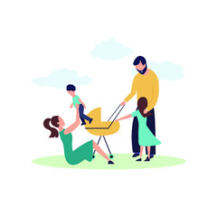 Vector Happy Family Spending Time Outdoors Illustration, Colorful Graphic Art Young Family, Mother and Father and Three Children with Them.