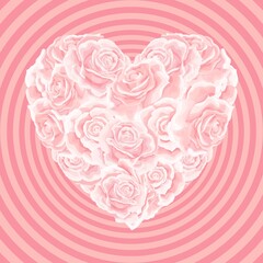 Heart made of red roses in photorealistic detailed style, clean vector on rounds