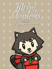 Merry Christmas vector text Calligraphic Lettering design card template for website . Raccoon with light brown signboard. Happy smiling cartoon character. Holiday greeting card vector illustration.
