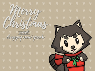 Merry Christmas vector text Calligraphic Lettering design card template for website . Raccoon with light brown signboard. Happy smiling cartoon character. Holiday greeting card vector illustration.
