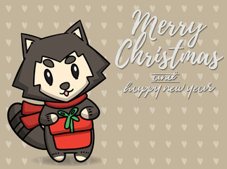 Merry Christmas vector text Calligraphic Lettering design card template for website . Raccoon with light brown signboard. Happy smiling cartoon character. Holiday greeting card vector illustration.
