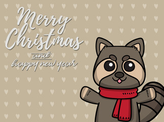 Merry Christmas vector text Calligraphic Lettering design card template for website . Raccoon with light brown signboard. Happy smiling cartoon character. Holiday greeting card vector illustration.