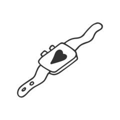 Hand drawn fitness tracker, smart watch. In doodle style, black outline isolated on white background. Cute element for card, social media banner, sticker, print, decoration. Vector illustration