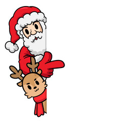 Merry Christmas Card, Santa Claus and reindeer with blank signboard. Holiday greeting card. Isolated vector illustration. Christmas character holding blank sign.
