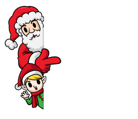 Merry Christmas 2019, Santa Claus and Elf with blank signboard. Holiday greeting card. Isolated vector illustration. Christmas character holding blank sign.
