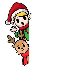 Merry Christmas card, Elf and reindeer with blank signboard. Holiday greeting card. Isolated vector illustration. Christmas character holding blank sign.