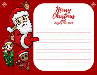 Merry Christmas vector text Calligraphic Lettering design card template for website cover.cartoon character Santa Claus and friend with red blank signboard,vector illustration and copy space for text.