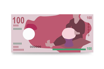 Maldivian Rufiyaa Vector Illustration. Maldives money set bundle banknotes. Paper money 100 MVR. Flat style. Isolated on white background. Simple minimal design.