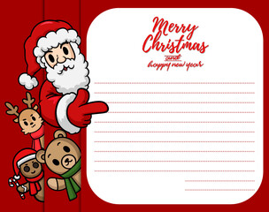 Merry Christmas vector text Calligraphic Lettering design card template for website cover.cartoon character Santa Claus and friend with red blank signboard,vector illustration and copy space for text.