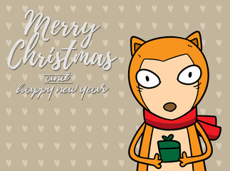 Merry Christmas vector text Calligraphic Lettering design card template for website . bear with light brown signboard. Happy smiling cartoon character. Holiday greeting card vector illustration.
