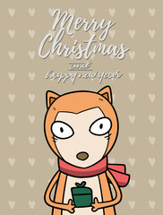 Merry Christmas vector text Calligraphic Lettering design card template for website . bear with light brown signboard. Happy smiling cartoon character. Holiday greeting card vector illustration.
