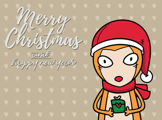 Merry Christmas vector text Calligraphic Lettering design card template for website . bear with light brown signboard. Happy smiling cartoon character. Holiday greeting card vector illustration.
