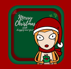 Merry Christmas vector text Calligraphic Lettering design card template for website . Christmas fox in frame . Happy smiling cartoon character. Holiday greeting card vector illustration.