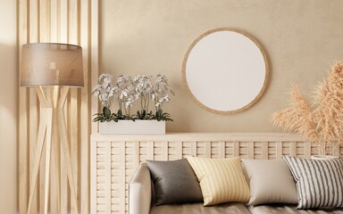 Mock up frame circle wall minimalist style interior background,3d rendering