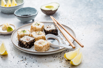 Tuna and avocado sushi wrapped in sesame seeds