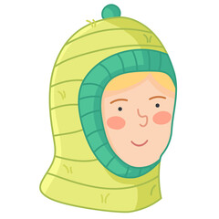 Cute cartoon girl character in knitted balaclava hat