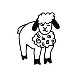 Vector simple black line lamb illustration for Easter hand drawn. Single spring holiday animal picture in doodle style. Design for stickers, social media, cards, packaging, printing.